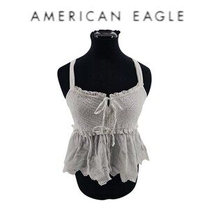 American Eagle White Smocked Babydoll Top Eyelet Ruffle Boho Tank